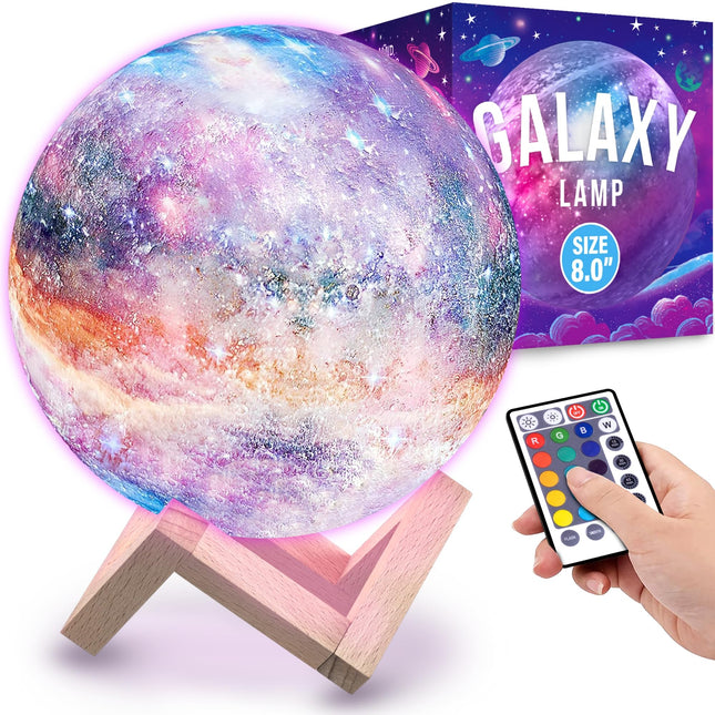 Mind-Glowing Galaxy Moon Lamp with 16 Colors, Touch/Remote, Wood Stand - Teen Girls Trendy Stuff - Christmas for 6 7 8 9 10 11 12 Year Old Teenage Girl - Cool Night Light for Kids (8.0 inch)