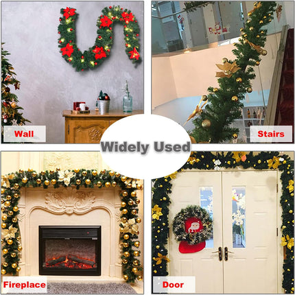 9ft Lighted Christmas Garland Artificial Pine Garland with 30 LEDs 6 Flowers and 30 Ball Ornaments Mantle Garland Greenery Garland for Christmas Holiday Party Wedding Home Decor (Gold)