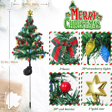 Dremisland 6Pack Solar Christmas Tree with 120LED Lights Outdoor Christmas Decorations Waterproof Solar Christmas Trees with Red Berry for Outside Pathway Garden Yard Holiday Decor