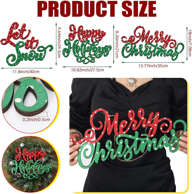 Suzile 3 Pcs Merry Christmas Wooden Wall Door Hanging Sign Let It Snow Wall Decor Happy Holidays Red Green Dot Wood Christmas Sign for Xmas Tree Front Door Wreath Porch Indoor Outdoor Home Decor