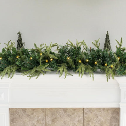 Prelit Christmas Garland 9ft with 50 LED Lights, Battery Opreated Christmas Decor Timer for Mantle Staircase Indoor and Outdoor Prelight Xmas Garland