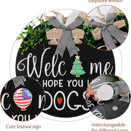 Zavothy Interchangeable Welcome Wreath Sign for Farmhouse Front Porch Decor - We Hope You Like Dogs, for Independence Day All Seasons Holiday Halloween Christmas Home Decoration