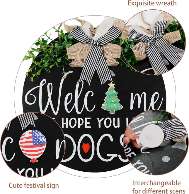 Zavothy Interchangeable Welcome Wreath Sign for Farmhouse Front Porch Decor - We Hope You Like Dogs, for Independence Day All Seasons Holiday Halloween Christmas Home Decoration