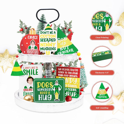 Funny Elf Christmas Decorations, Cute Holiday Tiered Tray Decor, Buddy The Elf Wooden Bead Garland, Farmhouse Decor for Table Mantel, Christmas Elf Wood Signs Party Favor, Novelty White Elephant s