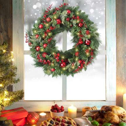 24 Inch Christmas Wreaths, Christmas Wreaths for Front Door with Balls Ornaments, Eucalyptus and Battery Operated LED Lights, Large Artificial Xmas Wreath with Timer for Outdoor Holiday Decor