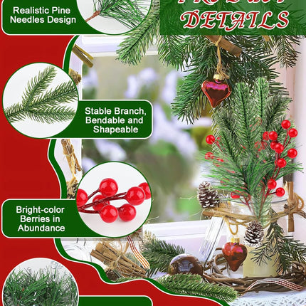 150PCS Artificial Pine Cones Branch Set, Kalolary Assorted Artificial Pine Needles Branches Snowy Christmas Tree Floral Twig Picks Christmas Red Holly Berry Stems for Xmas Winter Party DIY Craft Decor