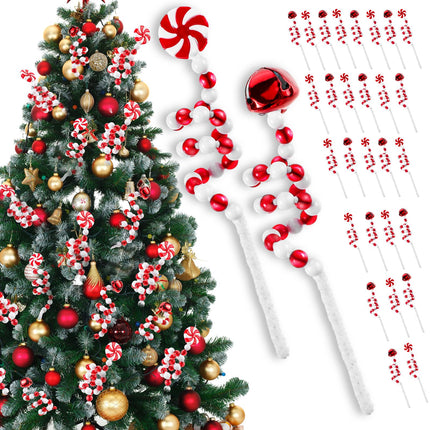 Bencailor 30 Pcs Christmas Tree Picks Red White Candy Cane Curly Pick 8.66 Inch Lollipop Christmas Bells Decoration Xmas Tree Topper for Home Vase Filler Wreath DIY Craft Holiday Party Decor
