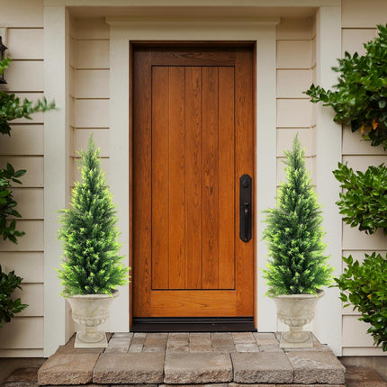 KOL 4FT 2-Pack Artificial Cedar Topiary Trees UV Resistant Potted Shrubs Fake Plants, Faux Pine Tree Plant for Home Office Garden Front Porch Patio Indoor Outdoor Party Wedding Christmas Decor