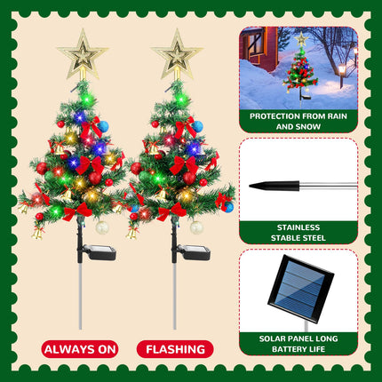 VIHOSE 8 Set 32 Inch Solar Christmas Tree Xmas Garden Stake Light Tree Decor Set with Bell Gold Pastel Ball Red Bow Tie Tree Waterproof Christmas Outdoor Decoration Tree for Yard Pathway Patio Lawn