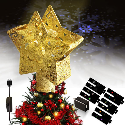 Christmas Tree Star Topper Projector - Ponwec Gold Tree Topper with LED 3D 360°Rotating Lights,6 Projection Pattern Glitter Star Projector Adjustable Xmas Tree Topper for Christmas Tree Decorations