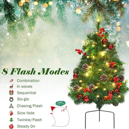 24 Inch Pathway Christmas Tree Set of 2, Battery-Powered Mini Christmas Tree w/ 30 LED Lights, 8 Flashing Modes, Berries, Pine Cones & Ornaments, Pre-lit Xmas Tree for Lawn, Yard
