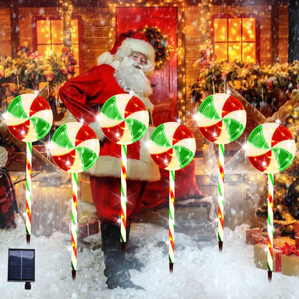 QINER Christmas Lollipop Pathway Light, 6 Pcs 28 Inch Solar Lollipop Lights, 1200 mAH Pathway Markers Lights with 8 Lighting Modes for Walkway, Yards, Pathways, Patios, Lawns Candy Cane Lights