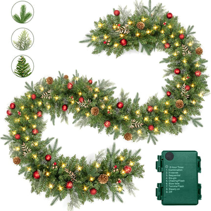 9FT Christmas Garland Prelit with Battery Operated 50 LED Lights, Artificial Xmas Greenery Garland Holiday Decoration Stairs Mantle Door Indoor Outdoor
