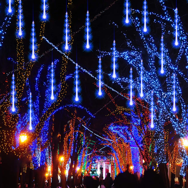 FUNPENY Meteor Shower Rain Lights, 288 LED Christmas Lights Icicle Snow Falling Halloween Lights Outdoor Raindrop Lights, 30cm 8 Tubes Xmas Tree Holiday Christmas Halloween Decoration, Blue