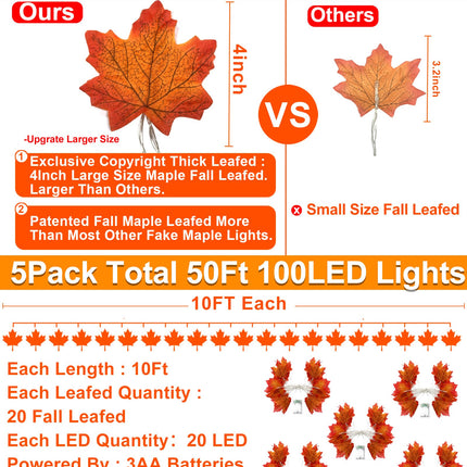 5 Pack Thanksgiving Decor Enlarged Maple Leafed Fall Garland with Lights, 50 Ft/100 LED Thanksgiving Garland Thanksgiving Lights Waterproof Battery Operated Fall Autumn Harvest Outdoor Indoor Home