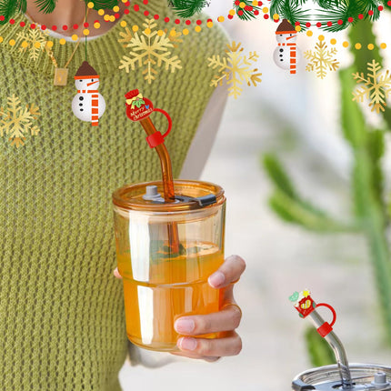 11Pcs Christmas Straw Cover Cap for Stanley Cup 10mm Silicone Holiday Straw Topper with Xmas Handle Charms for Stanley 30/40 Oz Tumbler Accessories Reusable Straw Tip Lids for Christmas s Decor