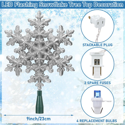 8.25 x 12.75 Inch Silver Snowflake Tree Topper Lighted Christmas Tree Topper with 10 Blue LED Lights 120v Plug in Glitter Christmas Star Tree Topper for Xmas Tree Indoor Home Office Decoration