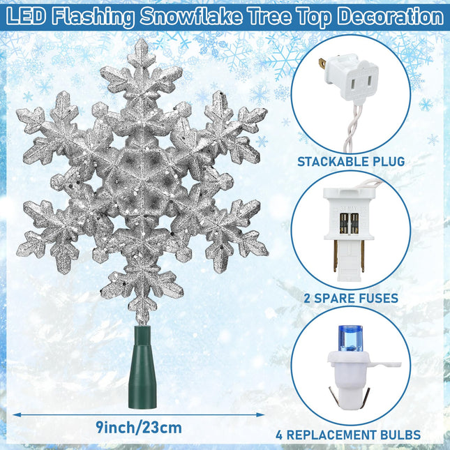 8.25 x 12.75 Inch Silver Snowflake Tree Topper Lighted Christmas Tree Topper with 10 Blue LED Lights 120v Plug in Glitter Christmas Star Tree Topper for Xmas Tree Indoor Home Office Decoration