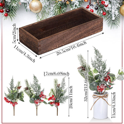 Yunlly Christmas Centerpieces Red Berry Christmas Artificial Pine Cone Snow Branches Picks with Wood Box for Rustic Farmhouse Winter Christmas Table Mantel Decoration