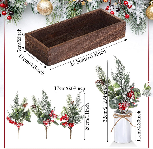 Yunlly Christmas Centerpieces Red Berry Christmas Artificial Pine Cone Snow Branches Picks with Wood Box for Rustic Farmhouse Winter Christmas Table Mantel Decoration