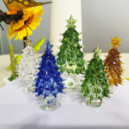 Crystal Christmas Tree Figurines with LED Light Wire, Glass Christmas Tree Figurine Home Decor, 2PCS Christmas Tree Statues Decor for Bedroom (Green+White)