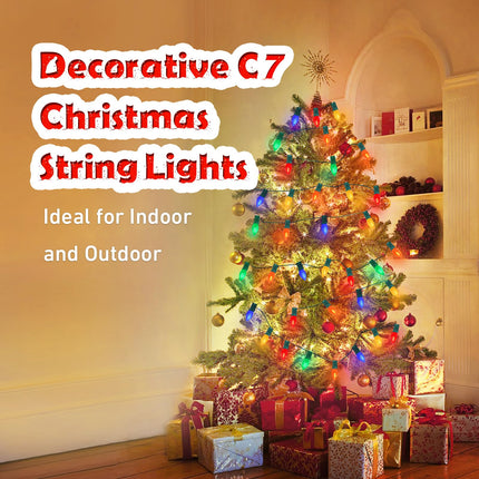 100FT Christmas Outdoor String Lights, Indoor C7 Light Strand with 66 Multi Color Strawberry LED Bulbs, Waterproof Linkable Green Wire Christmas Lights for Outside Bistro Cafe Party Christmas Tree