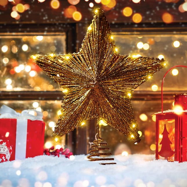 Christmas Tree Topper Star- Glitter Star Tree Topper Lighted with LED Wire Christmas Tree Decorations Christmas Tree Ornament Xmas Party Decoration (12 Inch,Golden)