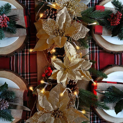 Winlyn 26 Set 3 Style Christmas Gold Glitter Poinsettia Flowers Picks Xmas Tree Ornaments and 12 Yards Decorative Gold Glittered Wired Ribbon for Gold Christmas Tree Wreaths Garland Holiday Décor