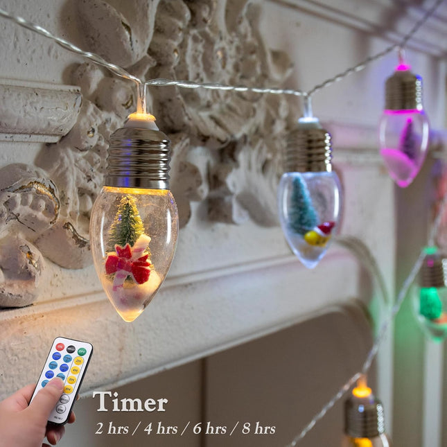 YOLIGHT Christmas Bulb String Lights Battery Operated with Remote Timer, 13ft 20 LED Christmas Tree Lights with Cute Ornament, Snow Globe Fairy Lights for Home Room Mantel Christmas Decor (Multicolor)