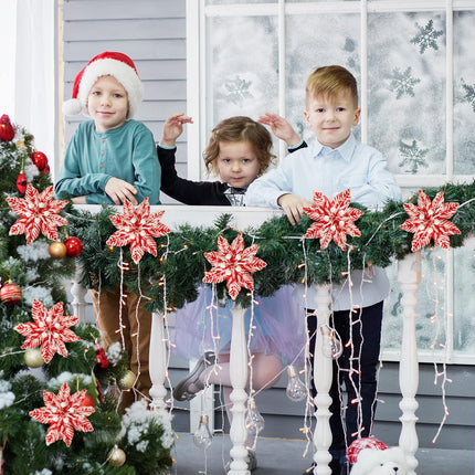 Red White Poinsettia Artificial Christmas Flowers Decoration Christmas Flowers Snow Spray Christmas Tree Picks Decorative Christmas Flower Stem for Xmas Wreath Decorations(24 Pieces,5.5 Inches)