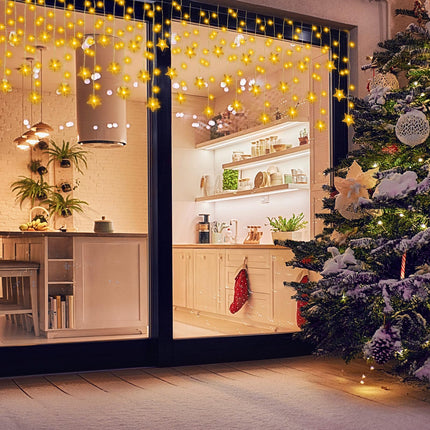 Christmas Star Icicle Lights Outdoor Decorations, 33 ft 380 LEDs 76 Drops, 8 Modes Memory Timer Remote, Connectable Plug in Waterproof Curtain String Lights for Holiday Wedding Decor(Warm White)
