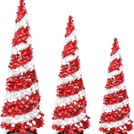 Leyndo 3 Pcs 3, 4, 5 Ft Collapsible Artificial Christmas Tree Pencil Pop up Christmas Tree Tinsel Skinny Red and White Sequined Christmas Tree for Home Fireplace Decoration