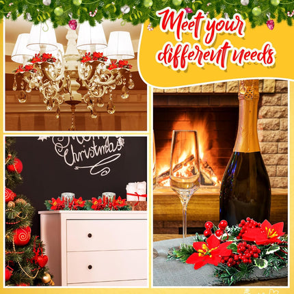 Ceenna Set of 24 Christmas Candle Holders with Christmas Candle Rings, 12 Glass Votive Tealight Holders 12 Candle Rings Wreaths Table Party Ornament for Christmas (Poinsettia)