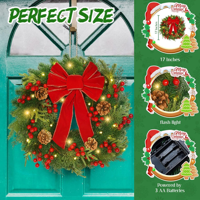 Rocinha 17 '' Christmas Wreaths Outdoor Red Bow Christmas Wreaths for Front Door Red Berry & Pinecones Christmas Reef for Door, Window, Wall, Fireplace