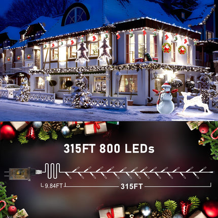 KNO 315FT 800 LED Christmas Lights Outdoor String Lights with Timer and 8 Modes Plug-in Waterproof Dimmable Fairy Lights for Christmas Tree Bedroom Yard Wedding Xmas Classroom Decor(Cool White)