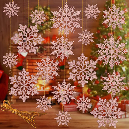 Christmas Tree Decoration Snowflake Ornaments - 36pcs Rose Gold Glitter Hanging Christmas Snowflake Ornaments for Winter Wonderland Holiday Year Christmas Tree