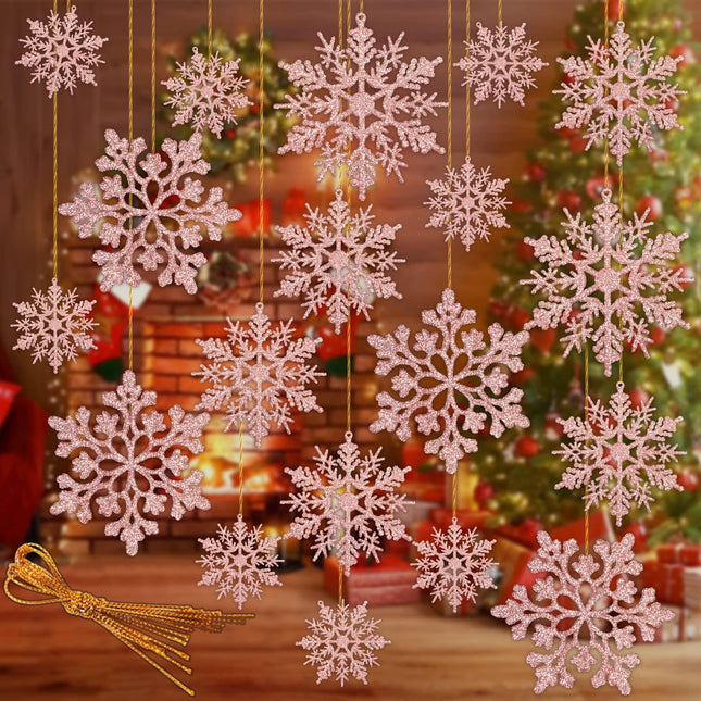 Christmas Tree Decoration Snowflake Ornaments - 36pcs Rose Gold Glitter Hanging Christmas Snowflake Ornaments for Winter Wonderland Holiday Year Christmas Tree