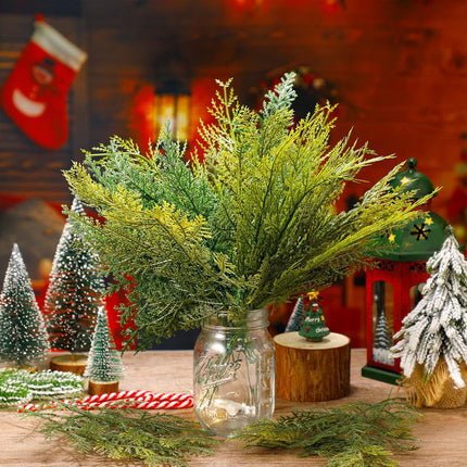 Panelee 45 Pcs Christmas Artificial Faux Cedar Branches, Artificial Pine Leaves,Christmas Greenery Fake Stems Christmas Tree Picks for Vase Garland Wreath Craft DIY Home Decoration(Common)