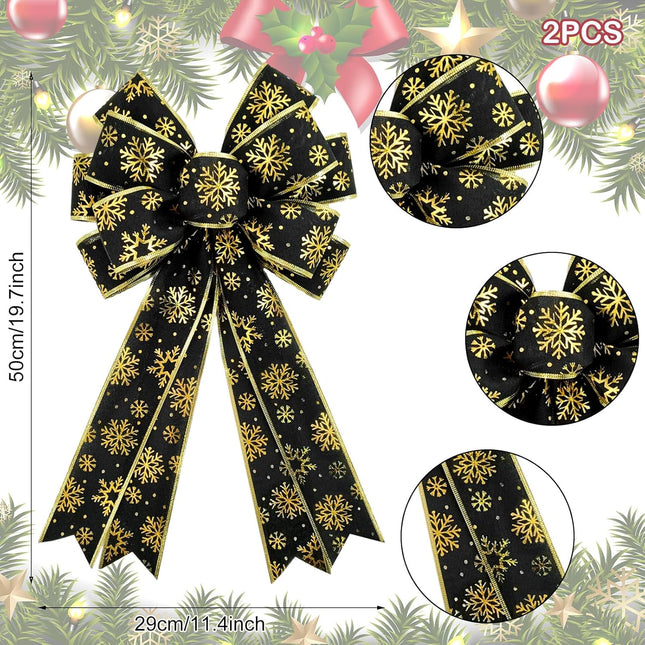 Whaline 2 Pack Christmas Wreath Bow Black Gold Snowflake Burlap Bow Xmas Decorative Tree Topper Ornaments Bow for Winter Indoor Outdoor Home Party Decor, 19.7 x 11.4 Inch