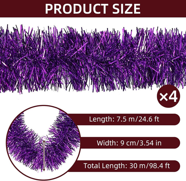 100 Feet Purple Tinsel Garland Christmas Foil Tinsel Garland Decoration Metallic Banner Wall Hanging Tinsel Streamers Garland for Christmas Tree Birthday Party Decorations (3.54" x 100', Purple)