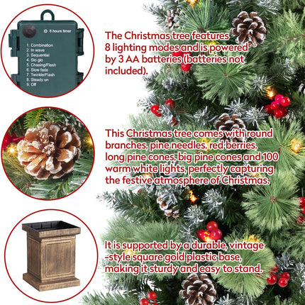 Jin&Bao 4FT Potted Christmas Tree with 100 Lights, Artificial Christmas Tree Outdoor Decor 8 Mode Timer Waterproof with Long Pine Cones & Red Berries for Front Door, Porch, 2 Pack