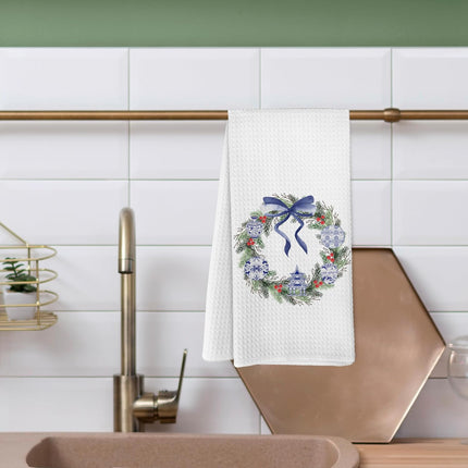 Blue Porcelain Chinoiserie Christmas Wreath Kitchen Towels, Coquette Blue Bow Christmas Hand Towels for Bathroom, Christmas Dish Tea Towels, Christmas Kitchen Bathroom Decor 16x24 Inches