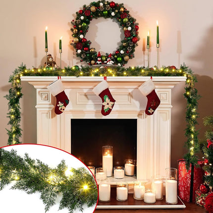 4 Pcs 6 ft LED Christmas Cedar Pine Garland Artificial Greenery Garland with LED Lights Realistic Garland Battery Operated for Christmas Holiday Mantel Fireplace Table Centerpiece
