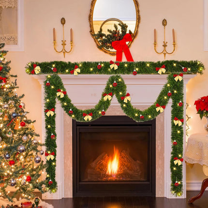 Christmas Garland Decorations-14.7 FT Christmas Green Garland with Lights, Fluffy Soft Greenery Lighted Christmas Garland for Mantle, Christmas Tree Garland Decor with Christmas Bows Balls