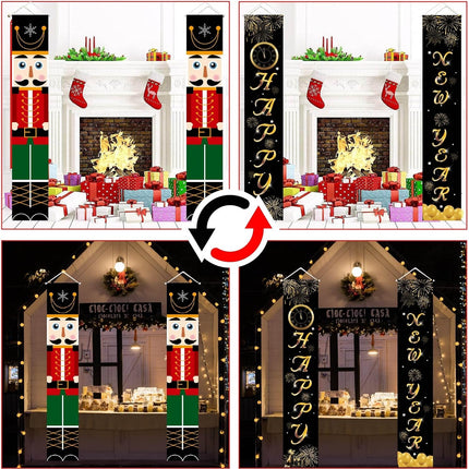 3 Pcs Christmas Decor Nutcracker Outdoor Reversible Banner & Small Xmas Wreath Hanging Sign Decor& Year Reversible Banner Door Sign for Years Eve Party Supplies,Hanging Merry Christmas Happy