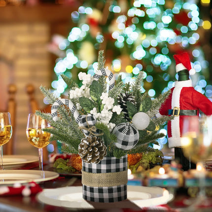 Super Holiday Small Buffalo Check Plaid Christmas Tree, Artificial Mini Tabletop Christmas Tree Decorations with Xmas Ornaments, for Home Party Thankgivings Decor, Black/White-Indoor