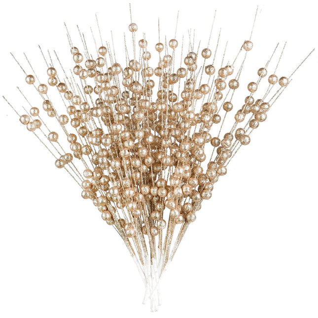DearHouse 10 Pack Christmas Glitter Berries Stems, 15Inch Artificial Christmas Picks for Christmas Tree Ornaments, DIY Xmas Wreath, Crafts, Holiday Home Decor (Champagne)
