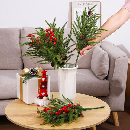 16 Pcs Christmas Norfolk Pine Branches with Red Berry Stems, Including 8 Pcs 18" Christmas Artificial Pine Branches 8 Pcs 8" Red Berry Stems for Xmas DIY Craft Outdoor