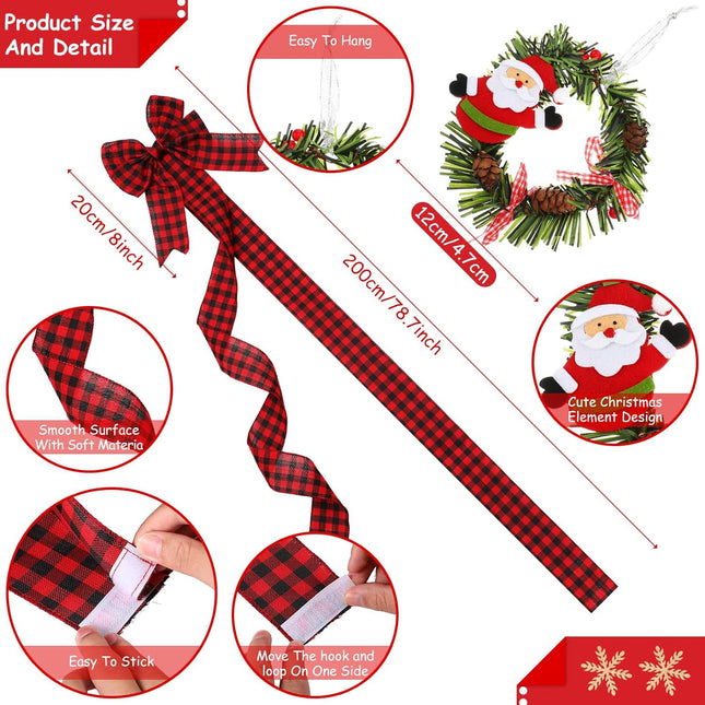 Ysleen 6 Pcs Christmas Cabinet Ribbon Bows Festive Large Xmas Bows and 4 Pcs Christmas Pine Wreath with Snowman Santa Claus Artificial Christmas Front Door Wreath for Christmas Party (Black and Red)