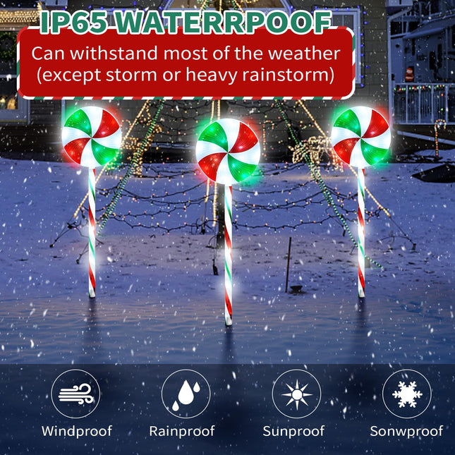 RJZZ 29" Lollipop Lights Christmas Outdoor 3 Pack Candy Cane Lights Outdoor Pathway 8 Modes Solar Peppermint Lights 10FT Christmas Pathway Lights Outdoor for Christmas Yard Garden Walkway Driveway